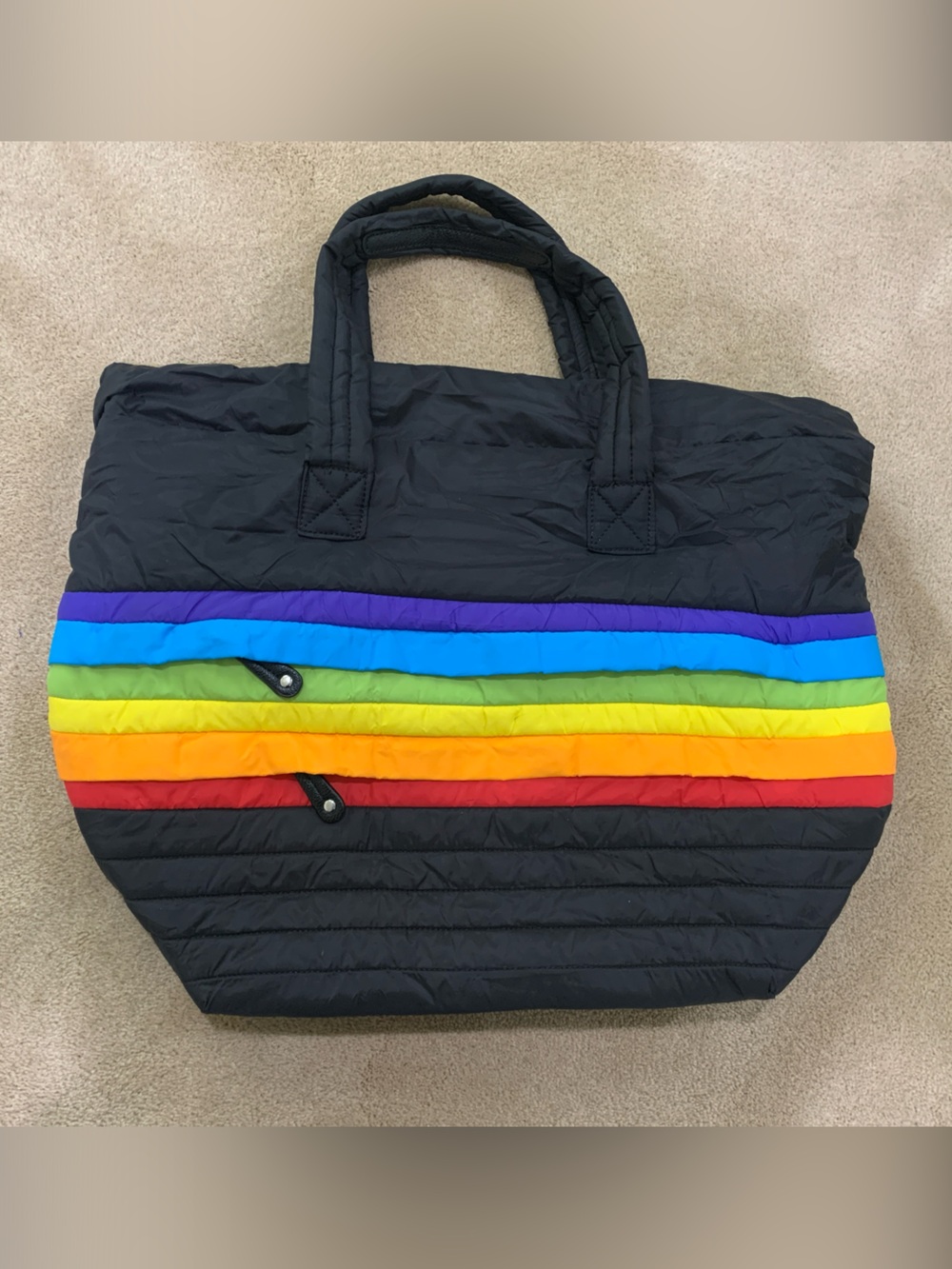 Sondra Roberts Squared Black Quilted Tote with Rainbow Stripes
